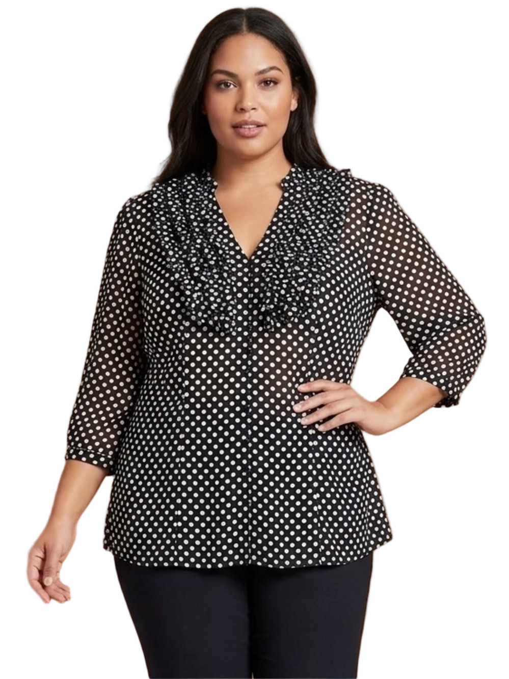 INC International Concepts Black & White Polka Dot Ruffle V-Neck Blouse Size 1X